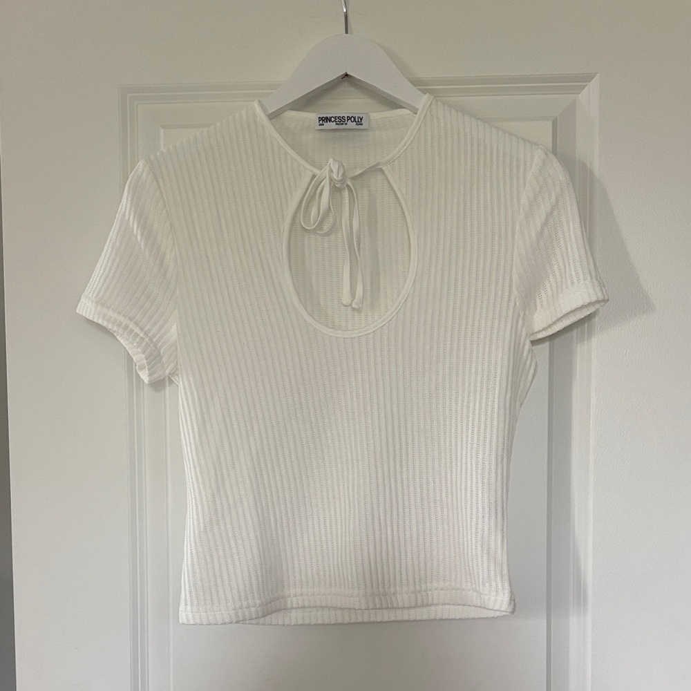 Princess Polly White Ribbed Tie-Front Crop Top